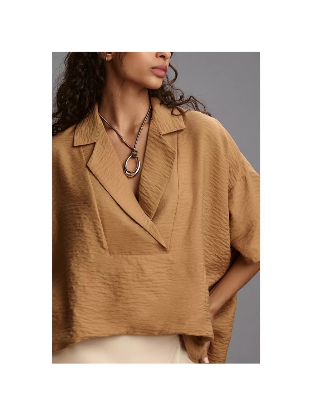 Anthropologie Relaxed Satin-Look Dolman Blouse in Camel Dylon wide placket top - Picture 2 of 5